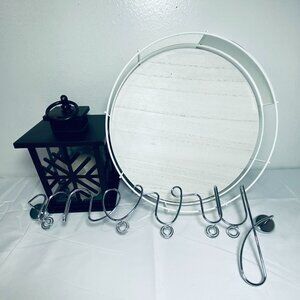 (3) Christmas Metal Decor: Flickering Candle Lantern, Skating Tray, "Merry" Sign